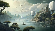  A Painting Of A Fantasy Landscape With A Castle And Hot Air Balloons Floating In The Sky Over A Lake With A Boat In The Foreground.  Generative Ai