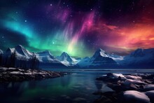 Northern Lights Over Snowy Mountains And Lake, 3d Digitally Rendered Illustrationm, Northern Lights Above Mountains, AI Generated