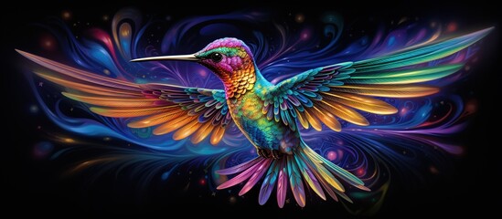 Abstract 3d colorful hologram hummingbird drawing in dark background. AI generated