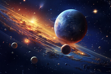 Wall Mural - fantasy sci-fi solar system in deep space: a 3d concept. a ring of fire, spheres and planets in moti
