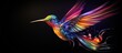 Abstract 3d colorful hologram hummingbird drawing in dark background. AI generated