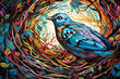 Vogel im Nest - Farbenfrohe Vögel ähnlich Holzschnitt oder Linolschnitt