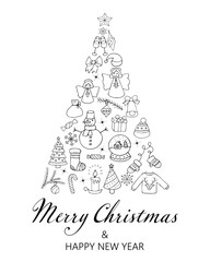 Merry Christmas, Happy New Year. Christmas tree. Seamless pattern of Christmas design elements. Vector illustration, Set of hand drawn doodles, icon set  in sketch style.