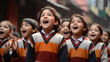 Patriotic School Children: Children dressed in tricolor clothing singing the national anthem at their school's Republic Day celebrations, reflecting the future of India in India Re