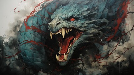 Wall Mural -  a painting of a monster with its mouth open and blood splattered all over the sides of it's face.  generative ai
