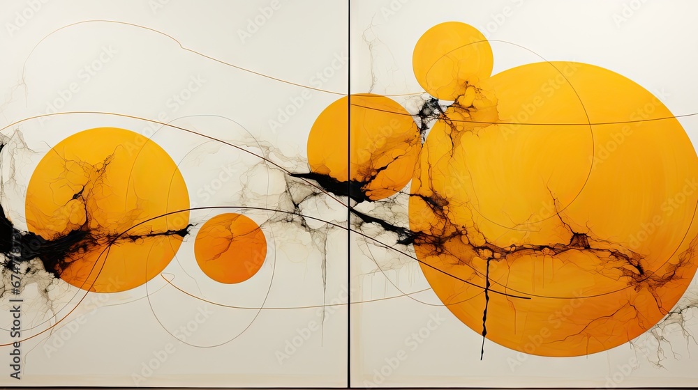 an abstract painting with yellow circles and black swirls on a white ...