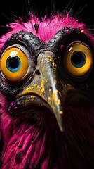 a close up of a pink and black bird with big yellow eyes and a black background with a black background.  generative ai