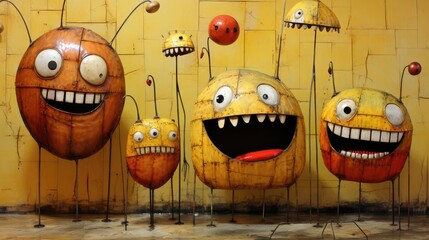 Wall Mural -  a group of pumpkins with faces and mouths hanging on a yellow wall with other pumpkins in the background.  generative ai