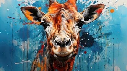 Poster -  a close up of a giraffe's face with paint splatters on the back of it.  generative ai