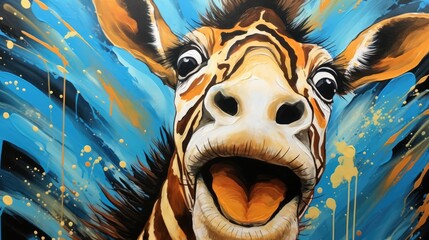 Poster -  a close up of a painting of a giraffe with its mouth open and it's tongue out.  generative ai