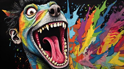 Poster -  a close up of a painting of a dog with its mouth open and it's teeth painted multicolored.  generative ai