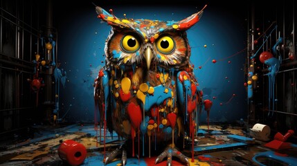 Canvas Print -  a painting of an owl sitting in a room with paint splattered on it's body and eyes.  generative ai