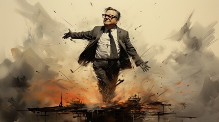  a digital painting of a man in a suit and tie with his arms outstretched in front of a burning building.  generative ai