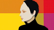  A Painting Of A Man With Black Hair And A Black Turtle Neck Shirt, In Front Of A Multi - Colored Background.  Generative Ai