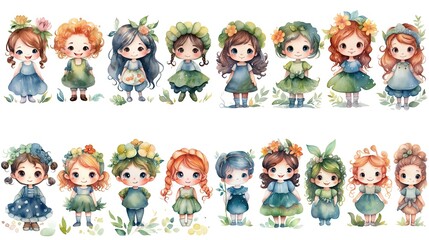 watercolor style cartoon illustration of group of cute girl in flower field, idea for best friend fo