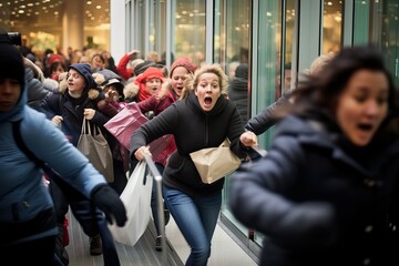 Shoppers rushing to grab items during a Black Friday doorbuster event. Midnight Chaos with Shoppers and Arguments Over Last Item, crowd of customers, bargain hunting concept