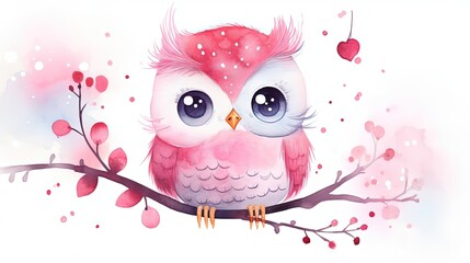 Wall Mural -  watercolor style illustration of happy baby owl in autumn forest garden, idea for home wall decor, kid room, Generative Ai