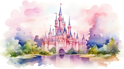 Wall Mural - painting style illustration banner wallpaper, fantasy fairytale castle,  Generative Ai	
