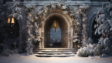 Wall Mural - A snow covered archway with a chandelier in the background