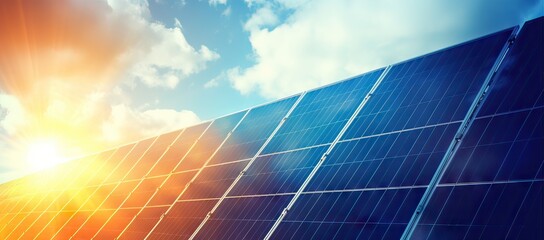 close-up of a strip of solar panels at the dawn of the day, renewable energy concept
