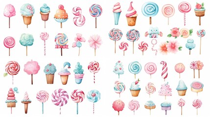 Wall Mural - watercolor style illustration of cute cartoon lollipop candy collection set, Generative Ai