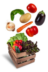 Wall Mural - Box of fresh vegetables falling isolated from transparent background