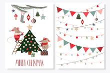 Merry Christmas Greeting Card With Mouse Decorating Christmas Tree, Festive Design, Vector