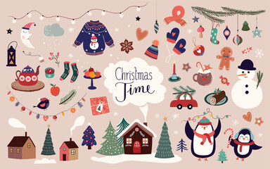 Wall Mural - Christmas time elements collection with  winter seasonal design, vector illustration