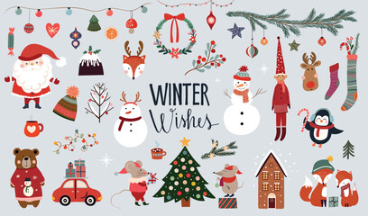 Wall Mural - winter wishes elements collection with seasonal design, santa claus, snowman, christmas tree, cute a