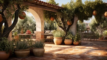 Wall Mural - mediterranean garden with terracotta pots, olive trees, grapevines, copy space, 16:9