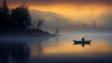 Small Fishing Boat On A Misty Lake At Twilight, With A Lone Fisherman, Concept: Calm Down. Copy Space, 16:9