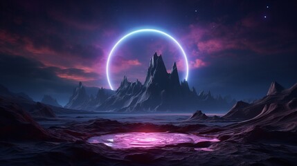 Wall Mural - abstract neon background, mystical cosmic landscape, pink blue glowing ring over terrain, round fram
