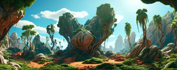 Wall Mural - Wide-angle shot of an alien planet landscape. Breathtaking panorama of a desert planet with alien greenery and strange rock formations. Fantastic extraterrestrial landscape. Sci-fi wallpaper.