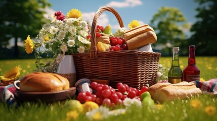 Sticker - Picnic basket with food on green sunny lawn.