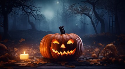 Poster - Halloween pumpkin. Scary pumpkin on table. Halloween background. Pumpkins in forest