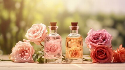 Poster - Panoramic header of three essential oil bottles with rose de mai flowers in the background