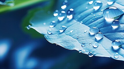 Aufkleber - Water droplets on leaf in nature, macro. Many drops of morning dew sparkle in sunlight, toning in blue coror.