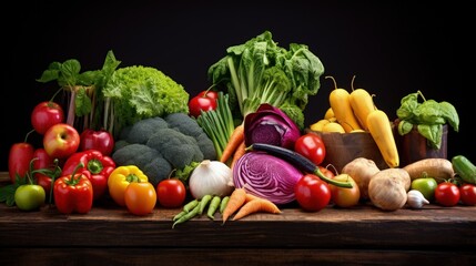 Poster - Healthy food background / studio photography of different fruits and vegetables on wooden table
