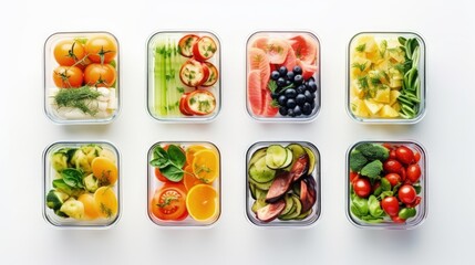 Aufkleber - Healthy food in glass lunch boxes on white background close up, top view.