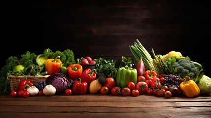 Poster - Healthy food background / studio photography of different fruits and vegetables on wooden table