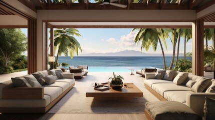 Poster - Tropical luxury villa interior, living room with sea view veranda