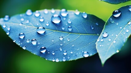Aufkleber - Water droplets on leaf in nature, macro. Many drops of morning dew sparkle in sunlight, toning in blue coror.
