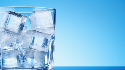 Poster - Ice cubes in a glass with crystal clear water on a blue background. Refreshing and healthy water on hot days