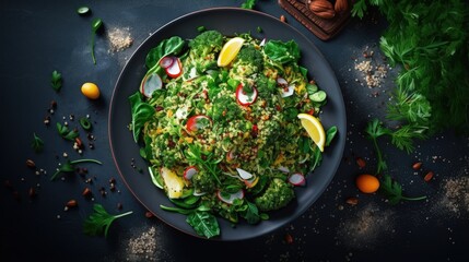 Poster - Green vegetable vegan salad with spinach, mushrooms and broccoli and quinoa. Healthy vegetarian food concept. top view.