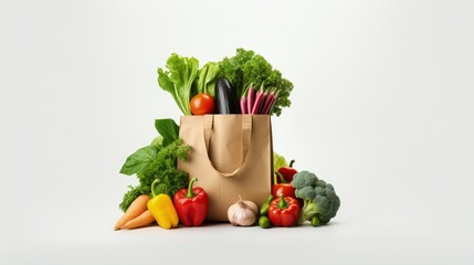 Poster - Paper bag with vegetables and fruits on white background. Vegetarian food