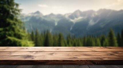 Poster - Wooden table background of free space for your decoration and blurred background of camping in mountains.