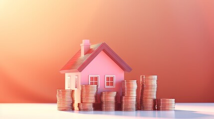 Poster - Coins stack and home on pink pastel background. Business loans for real estate concept. residential finance economy. home property investment. Saving money, working capital. 3D rendering illustration