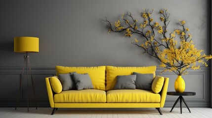 Aufkleber - Monochrome yellow interior. Sofa, floor lamp and indoor flower. 3D visualization