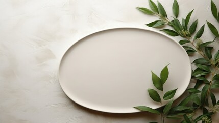 Aufkleber - On a light surface, an oval ceramic plate with a laconic decor, green leaves, ceramic studio, copyspace, hobby, handmade, top view, table texture, glossy, clay plate, white, stalk, minimalism, dirty