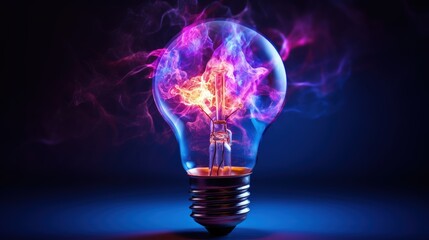 Poster - High speed studio photography, moment of the impact of a bullet on a classic electric bulb. Detail of glass explosion, blue and purple lighting. Concept of obsolete energy.